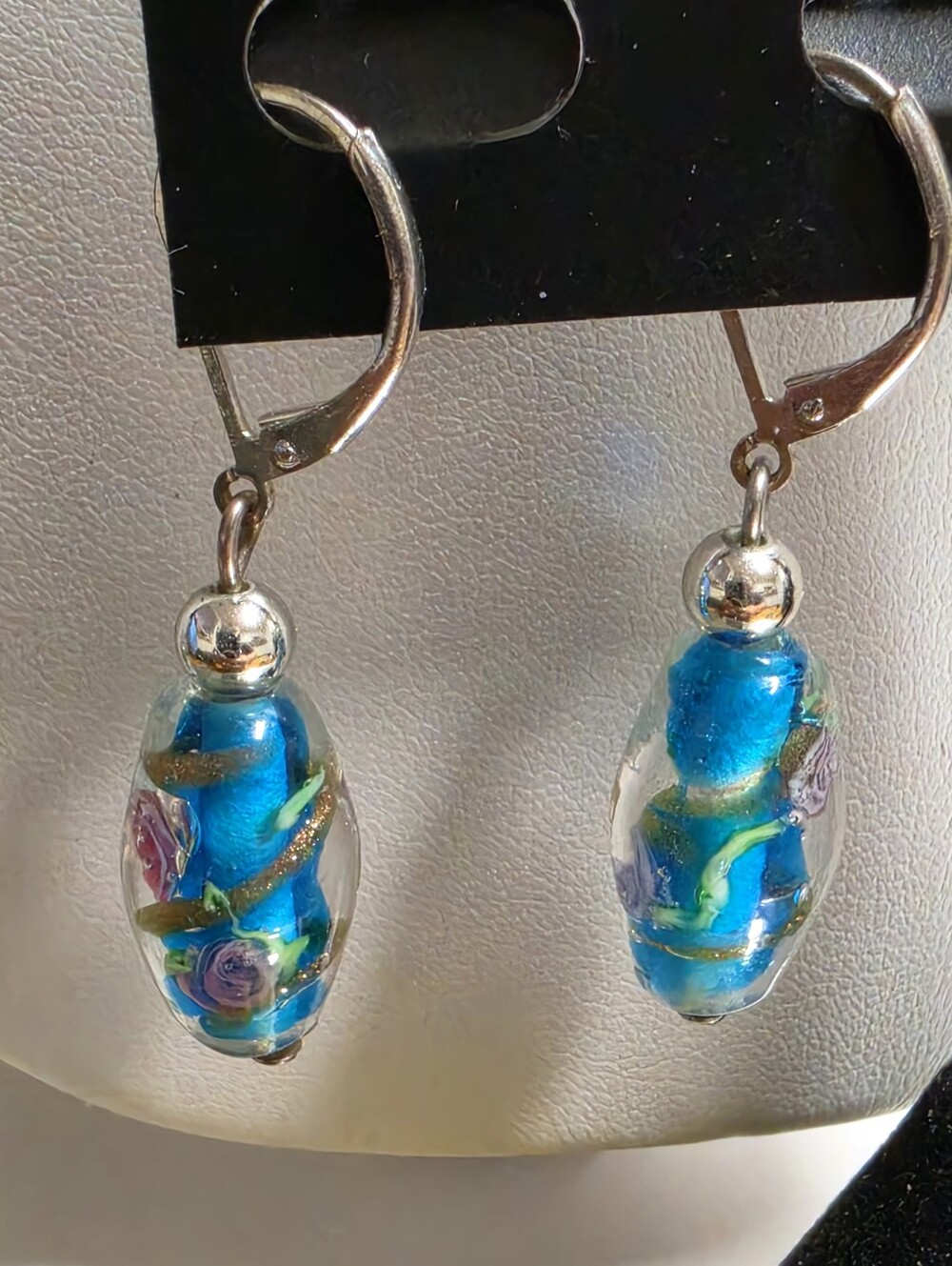Artisan Murano Style Blue Floral Sommerso Glass Drop Leverback Earrings